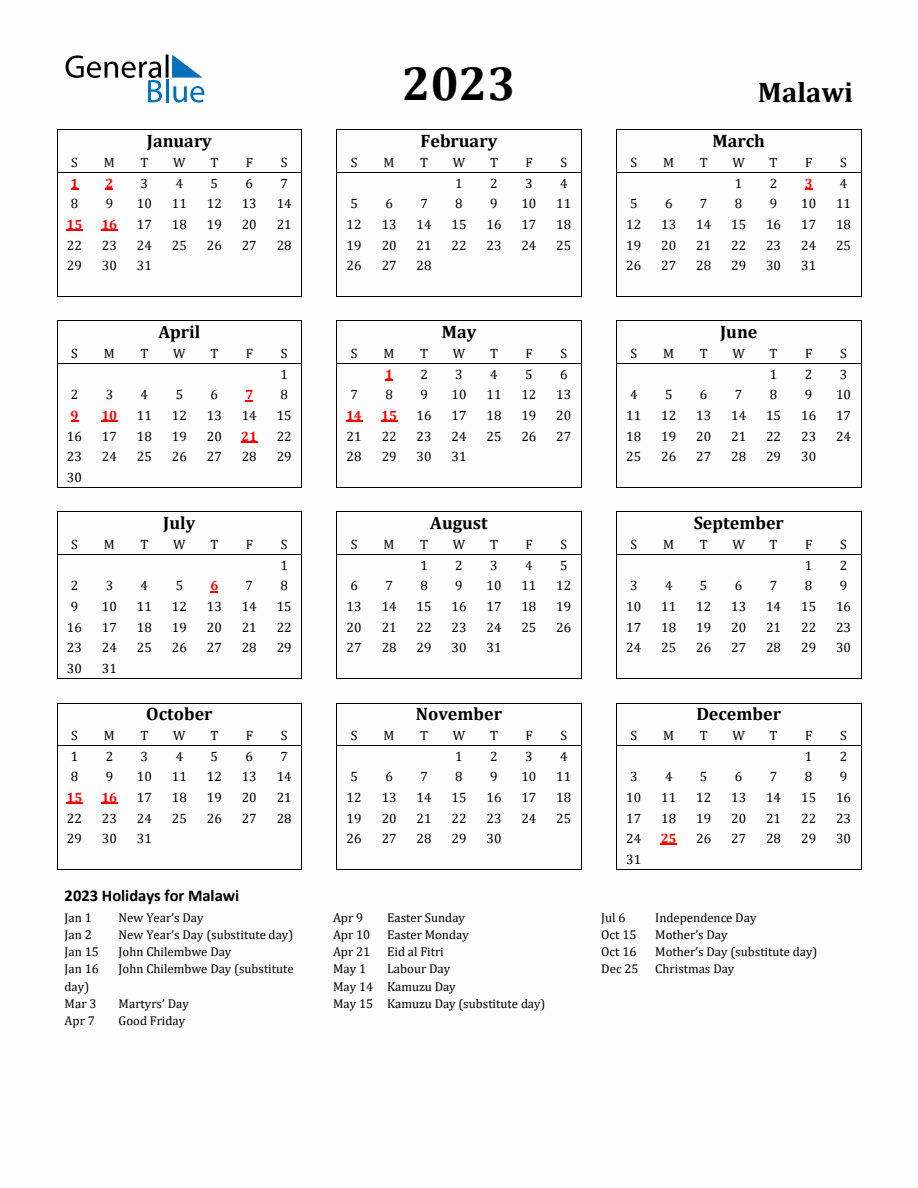 Free Printable 2023 Malawi Holiday Calendar