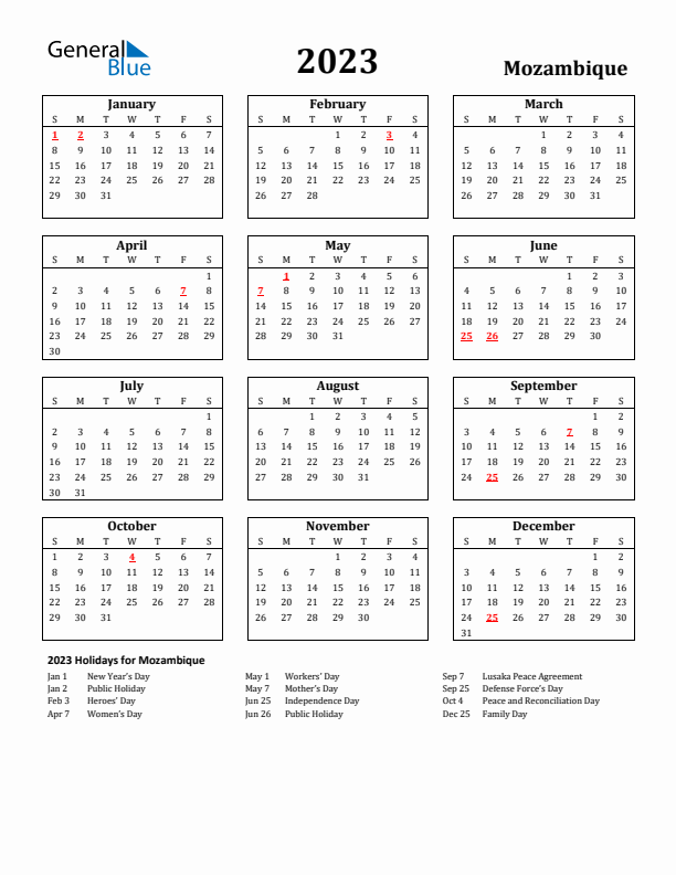 2023 Mozambique Holiday Calendar - Sunday Start