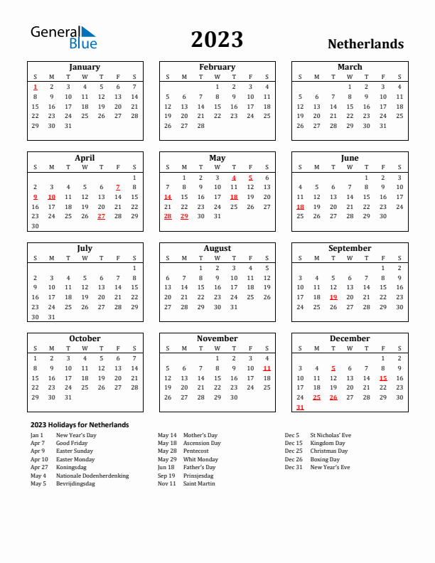 2023 The Netherlands Holiday Calendar - Sunday Start