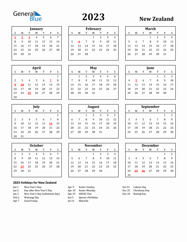 2023 New Zealand Holiday Calendar - Sunday Start