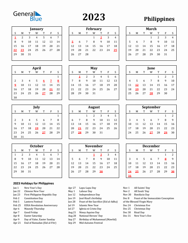 2023 Philippines Holiday Calendar - Sunday Start