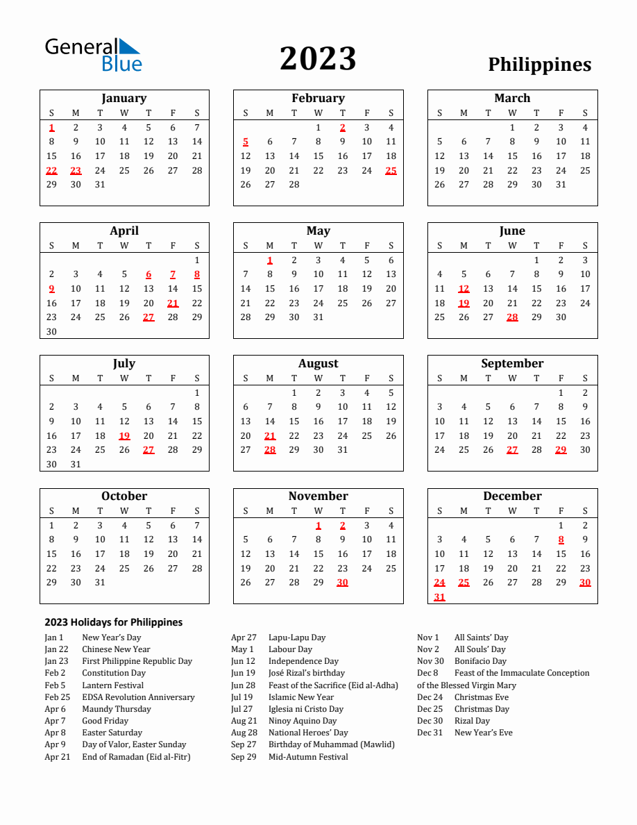Free Printable 2023 Philippines Holiday Calendar