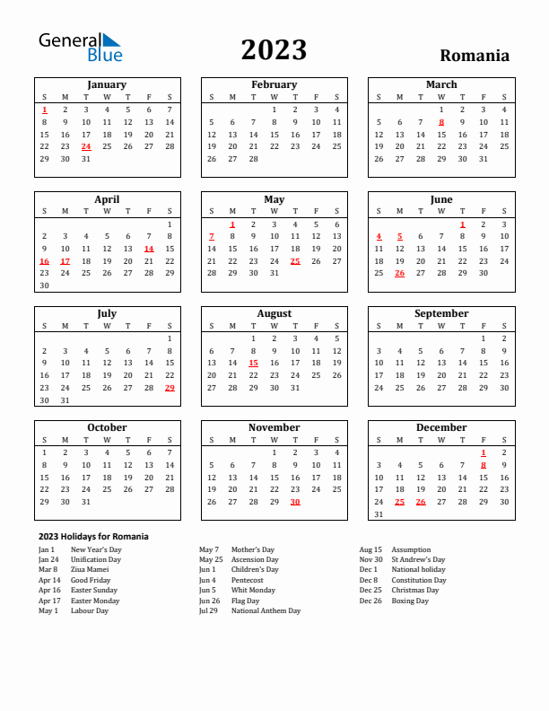 2023 Romania Holiday Calendar - Sunday Start