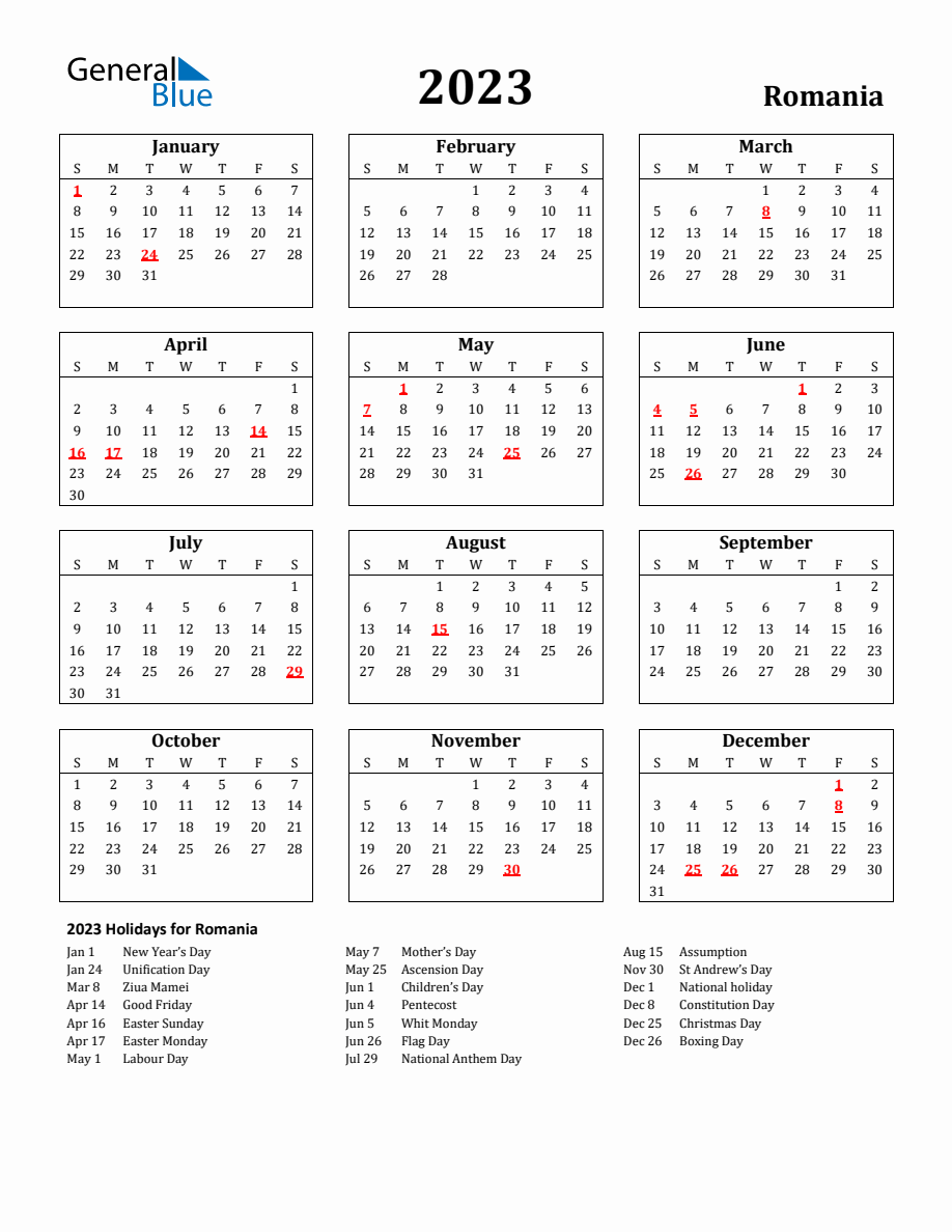 Free Printable 2023 Romania Holiday Calendar