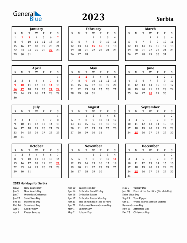 2023 Serbia Holiday Calendar - Sunday Start