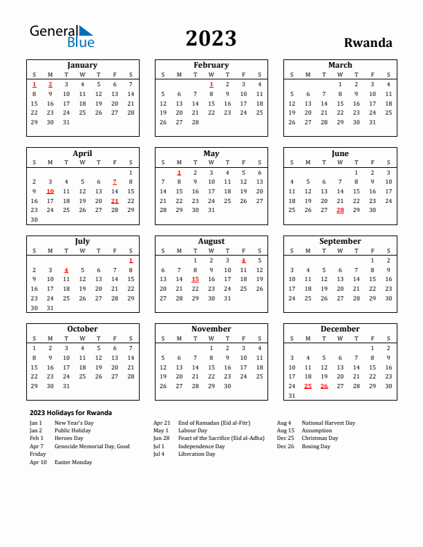 2023 Rwanda Holiday Calendar - Sunday Start