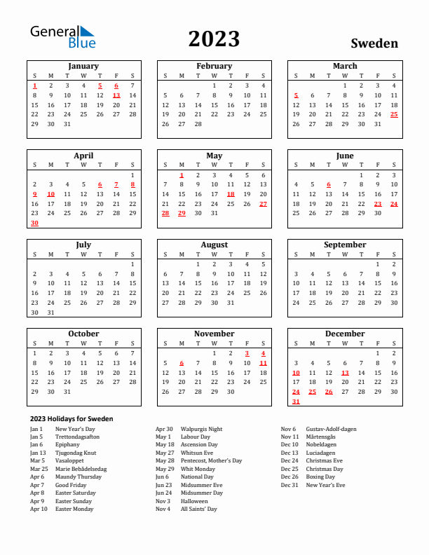 2023 Sweden Holiday Calendar - Sunday Start