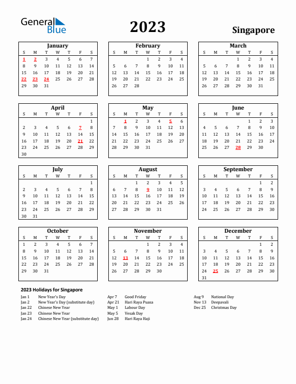 2023 Singapore Holiday Calendar - Sunday Start
