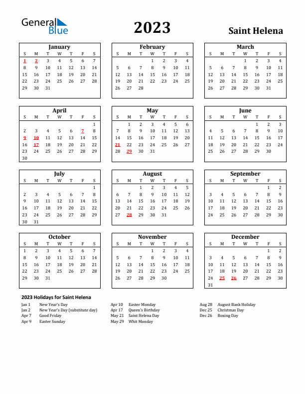 2023 Saint Helena Holiday Calendar - Sunday Start