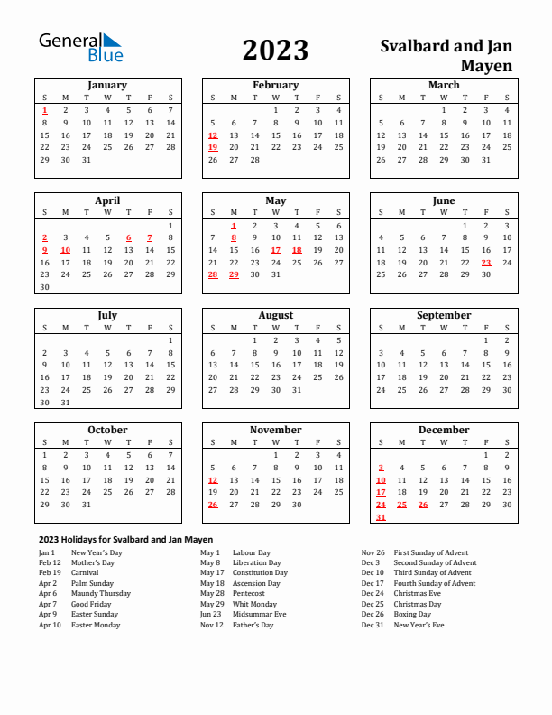 2023 Svalbard and Jan Mayen Holiday Calendar - Sunday Start