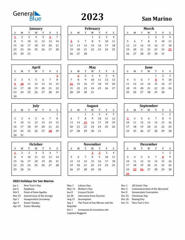 2023 San Marino Holiday Calendar - Sunday Start