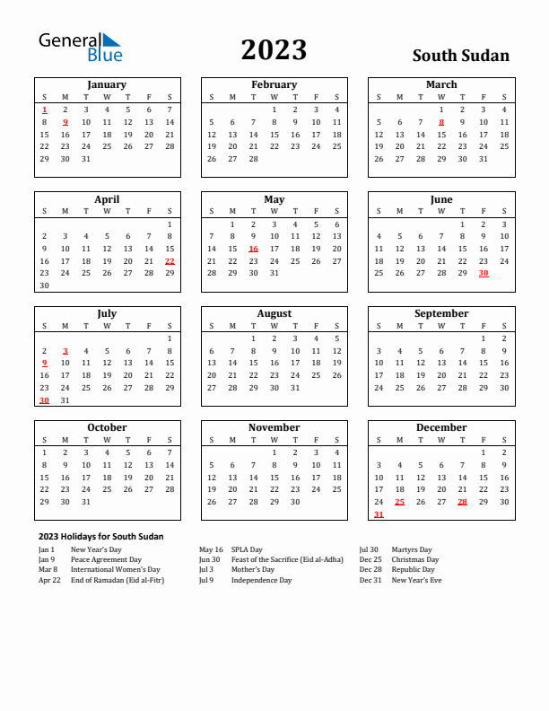 2023 South Sudan Holiday Calendar - Sunday Start