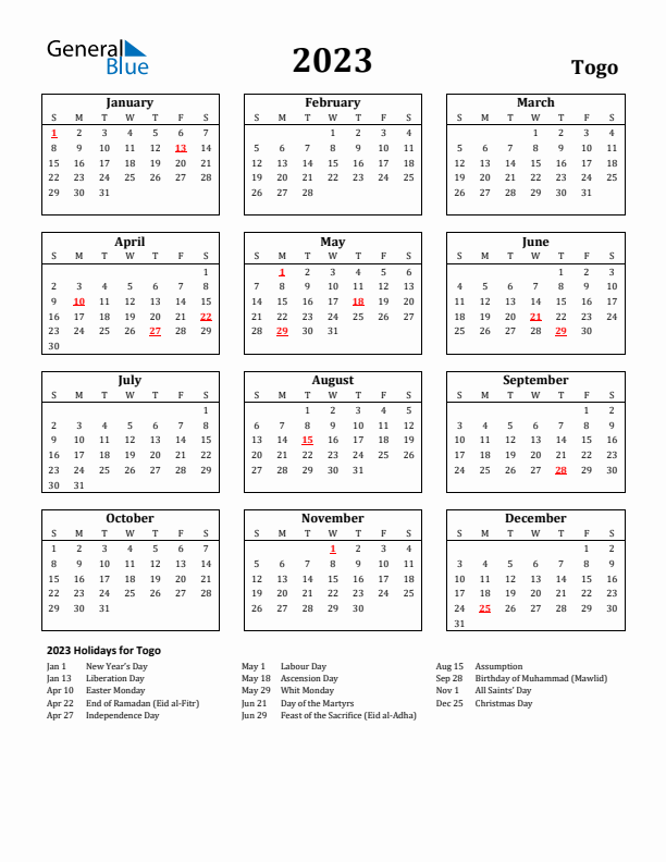2023 Togo Holiday Calendar - Sunday Start