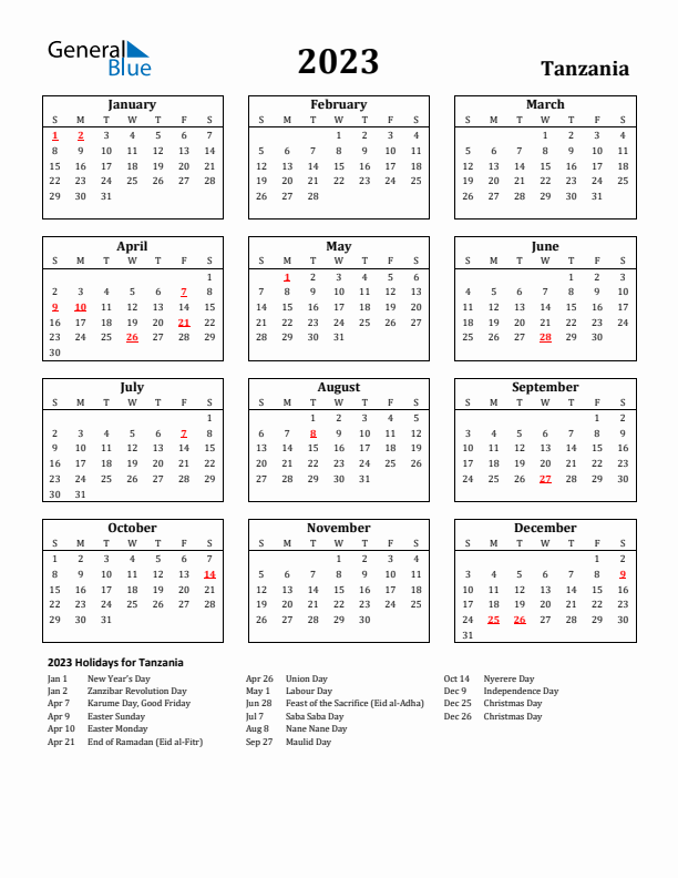 2023 Tanzania Holiday Calendar - Sunday Start