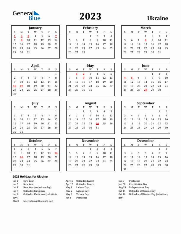 2023 Ukraine Holiday Calendar - Sunday Start