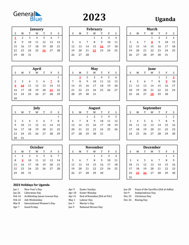 2023 Uganda Holiday Calendar - Sunday Start