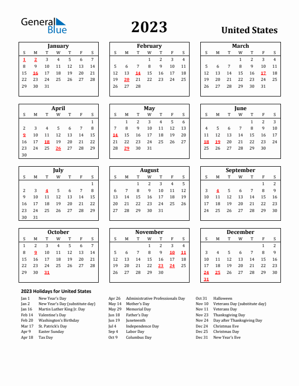 2023 United States Holiday Calendar - Sunday Start