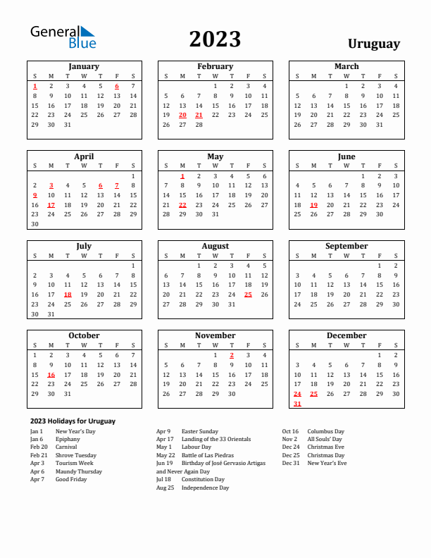 2023 Uruguay Holiday Calendar - Sunday Start