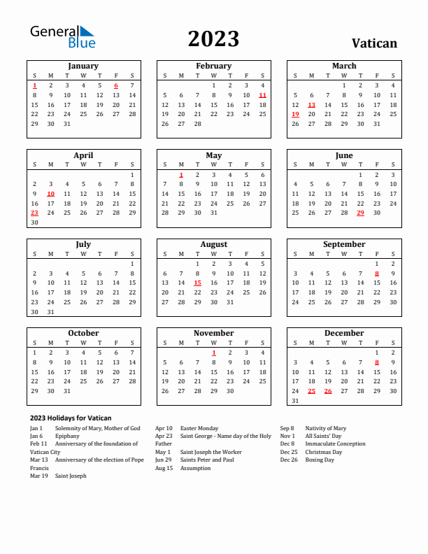 2023 Vatican Holiday Calendar - Sunday Start