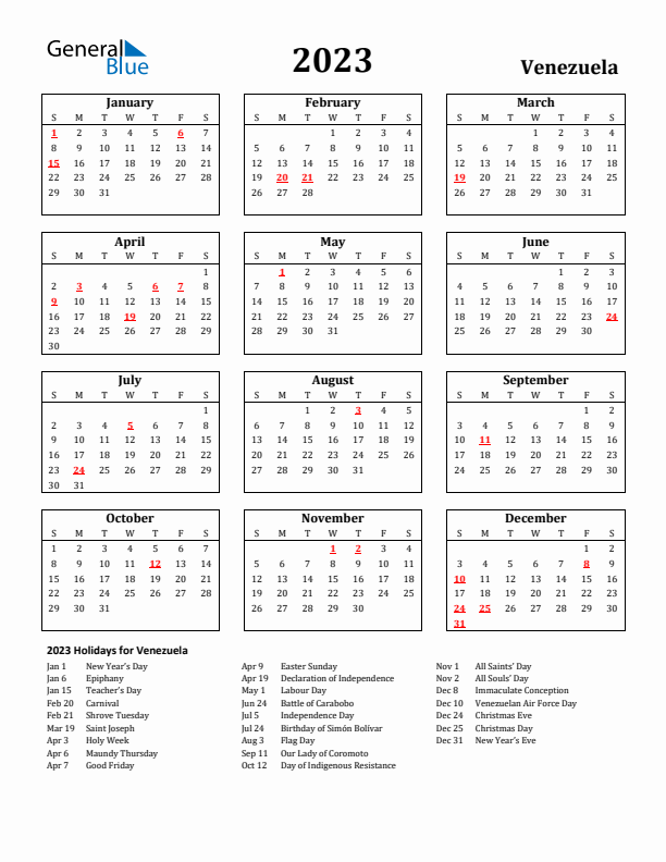 2023 Venezuela Holiday Calendar - Sunday Start