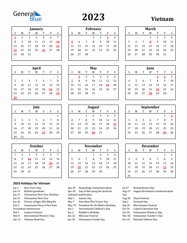 2023 Vietnam Holiday Calendar - Sunday Start