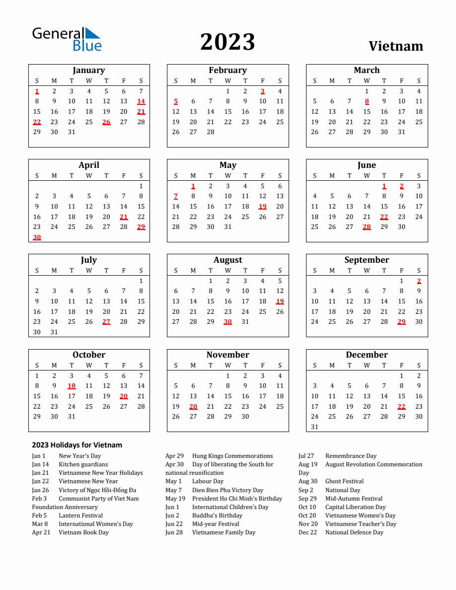 Free Printable 2023 Vietnam Holiday Calendar