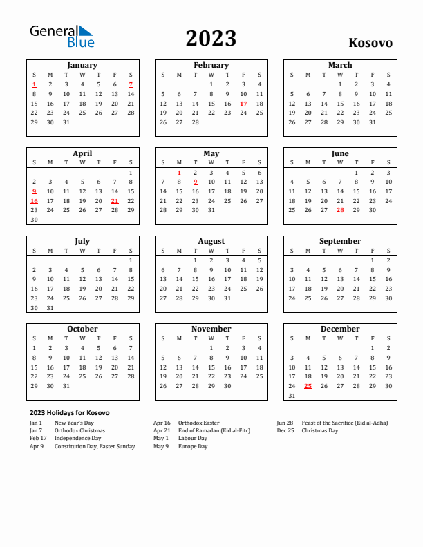 2023 Kosovo Holiday Calendar - Sunday Start