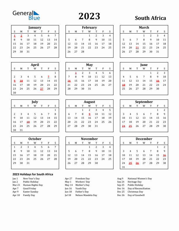 2023 South Africa Holiday Calendar - Sunday Start