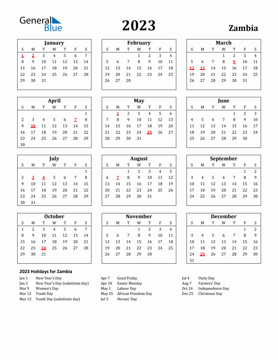 Free Printable 2023 Zambia Holiday Calendar