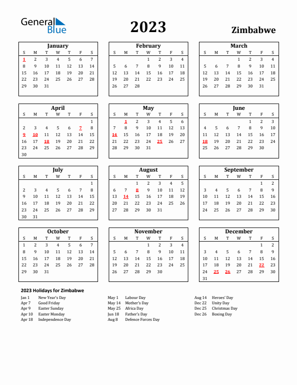 2023 Zimbabwe Holiday Calendar - Sunday Start