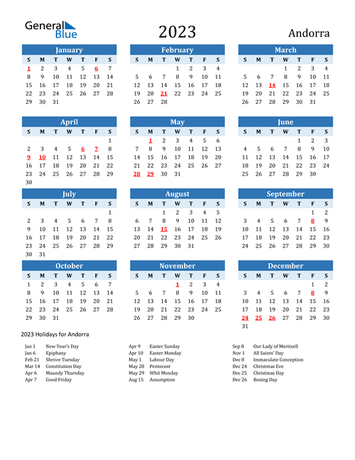 Printable Calendar 2023 with Andorra Holidays