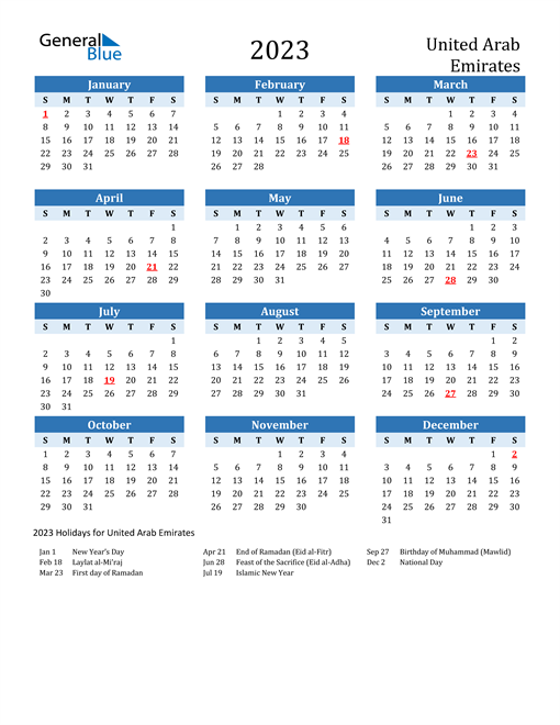 Printable Calendar 2023 with United Arab Emirates Holidays