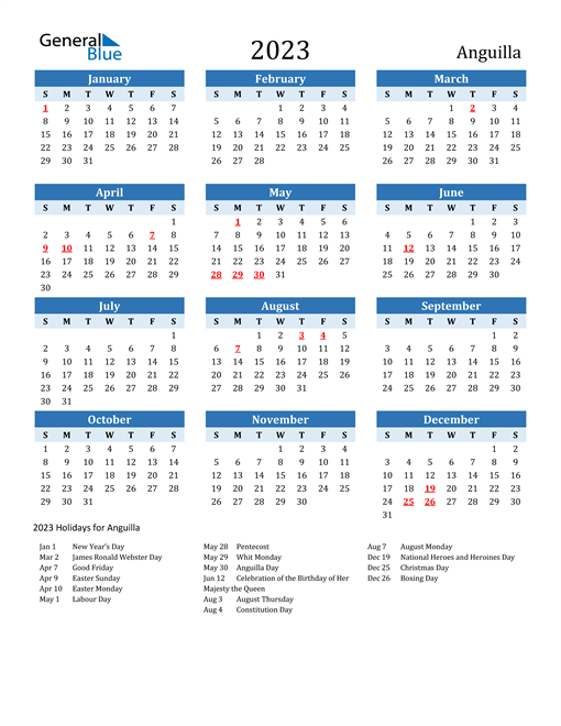 Printable Calendar 2023 with Anguilla Holidays