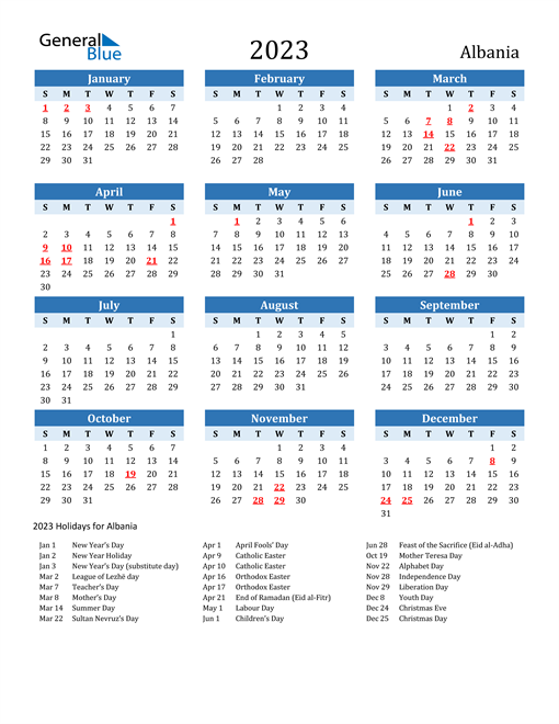 Printable Calendar 2023 with Albania Holidays