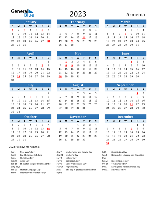 Printable Calendar 2023 with Armenia Holidays