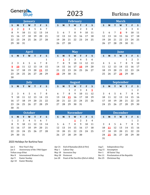 Printable Calendar 2023 with Burkina Faso Holidays