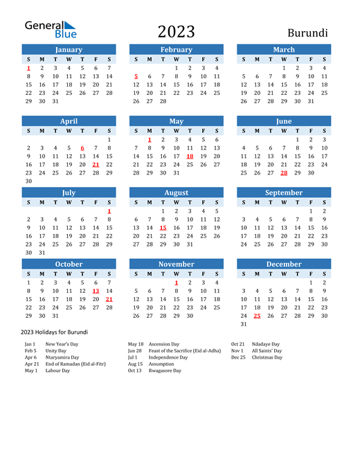 Printable Calendar 2023 with Burundi Holidays