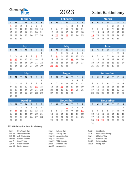Printable Calendar 2023 with Saint Barthelemy Holidays