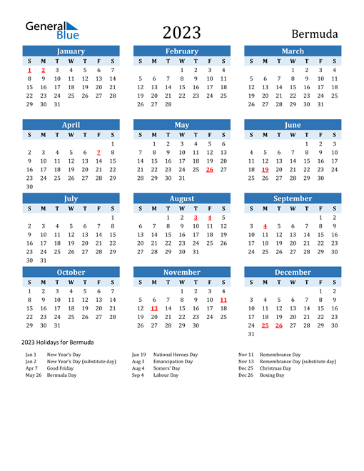 Printable Calendar 2023 with Bermuda Holidays