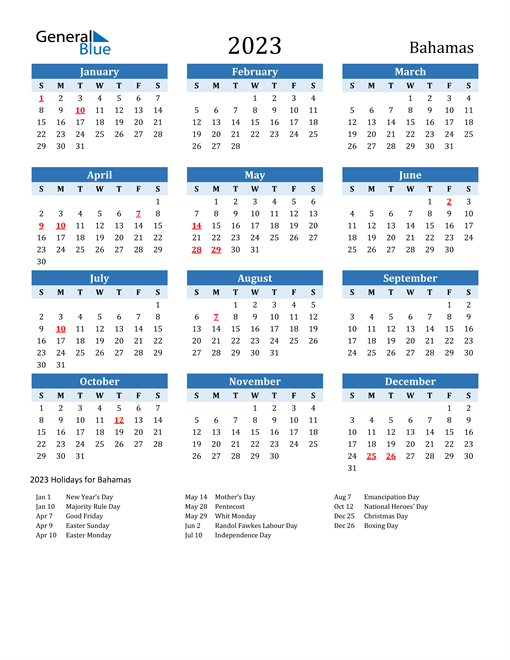 Printable Calendar 2023 with Bahamas Holidays