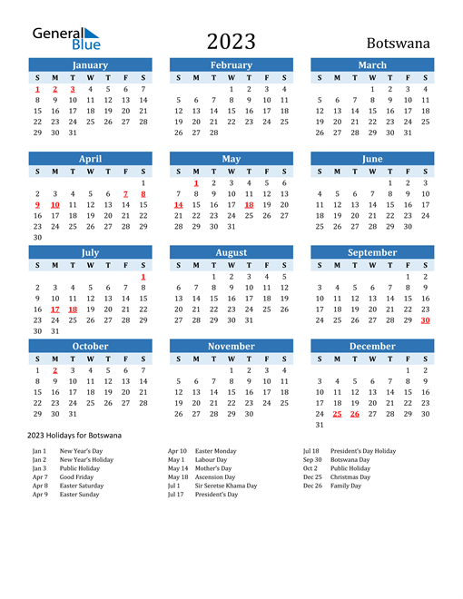 Printable Calendar 2023 with Botswana Holidays