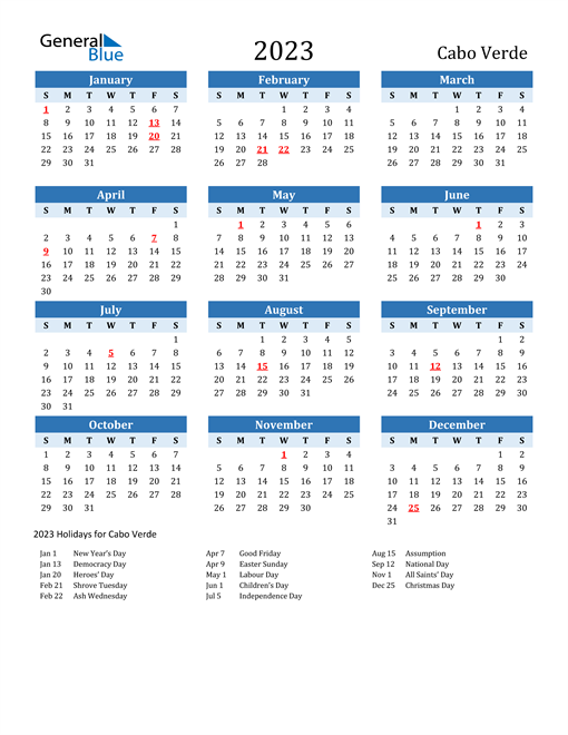 Printable Calendar 2023 with Cabo Verde Holidays