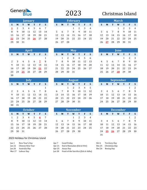 Printable Calendar 2023 with Christmas Island Holidays