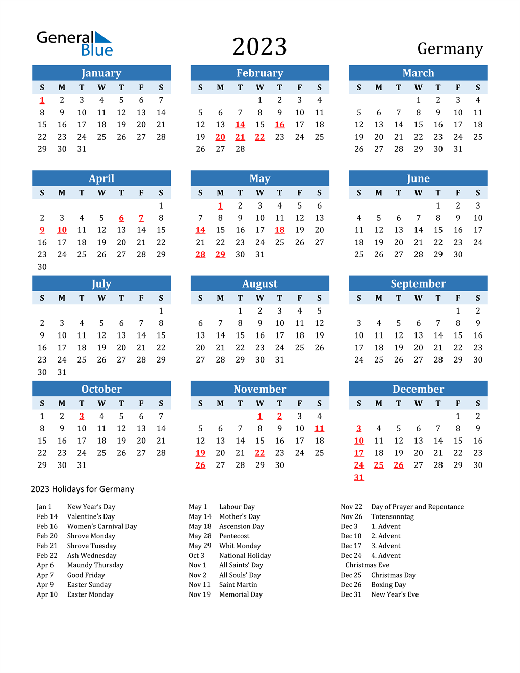 2023 Germany Calendar with Holidays