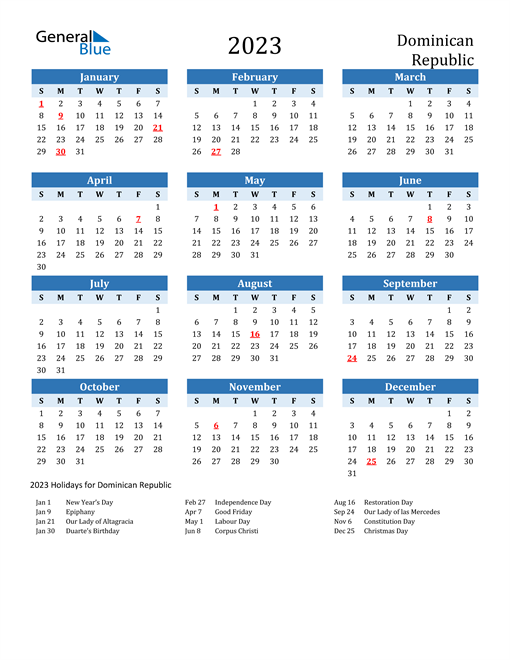 Printable Calendar 2023 with Dominican Republic Holidays
