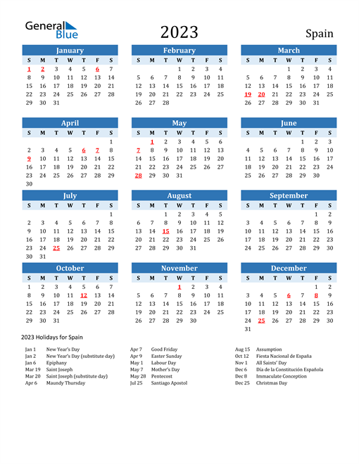 Printable Calendar 2023 with Spain Holidays