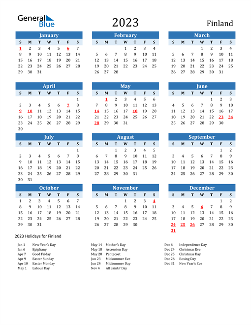 Printable Calendar 2023 with Finland Holidays