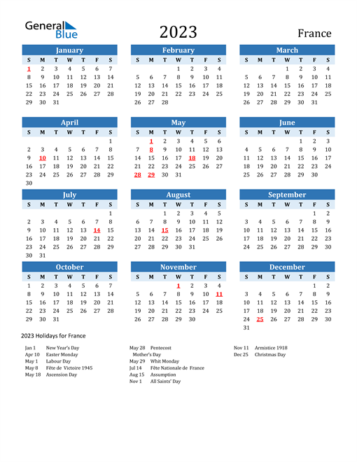 Printable Calendar 2023 with France Holidays