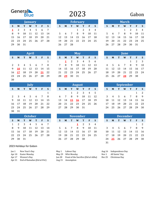 Printable Calendar 2023 with Gabon Holidays