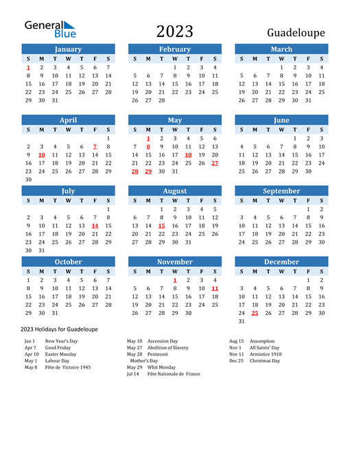 Printable Calendar 2023 with Guadeloupe Holidays